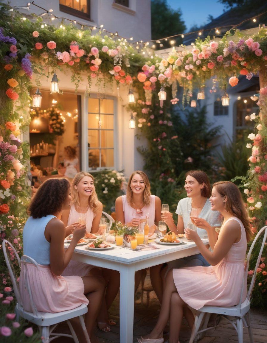 A joyful scene featuring a group of friends savoring delicious food and drinks under a whimsical outdoor setting, surrounded by vibrant flowers and playful decorations. They are laughing and sharing stories, embodying a spirit of fun and togetherness. Ethereal lighting casts a magical glow, accentuating the essence of creating pleasurable moments in life. pastel colors. warm tones. 3D.