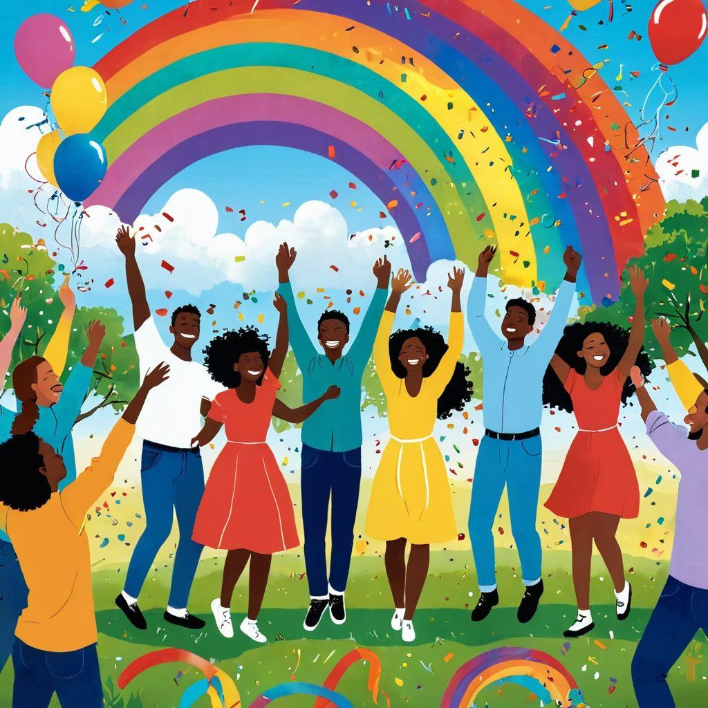 A whimsical scene depicting a group of diverse people joyfully celebrating under a vibrant rainbow, with balloons and confetti in the air. Each person is engaged in a different activity that represents happiness, such as dancing, laughing, or playing musical instruments. The background features a sunny sky and lush greenery, symbolizing growth and positivity. whimsical illustration. vibrant colors. cheerful atmosphere.