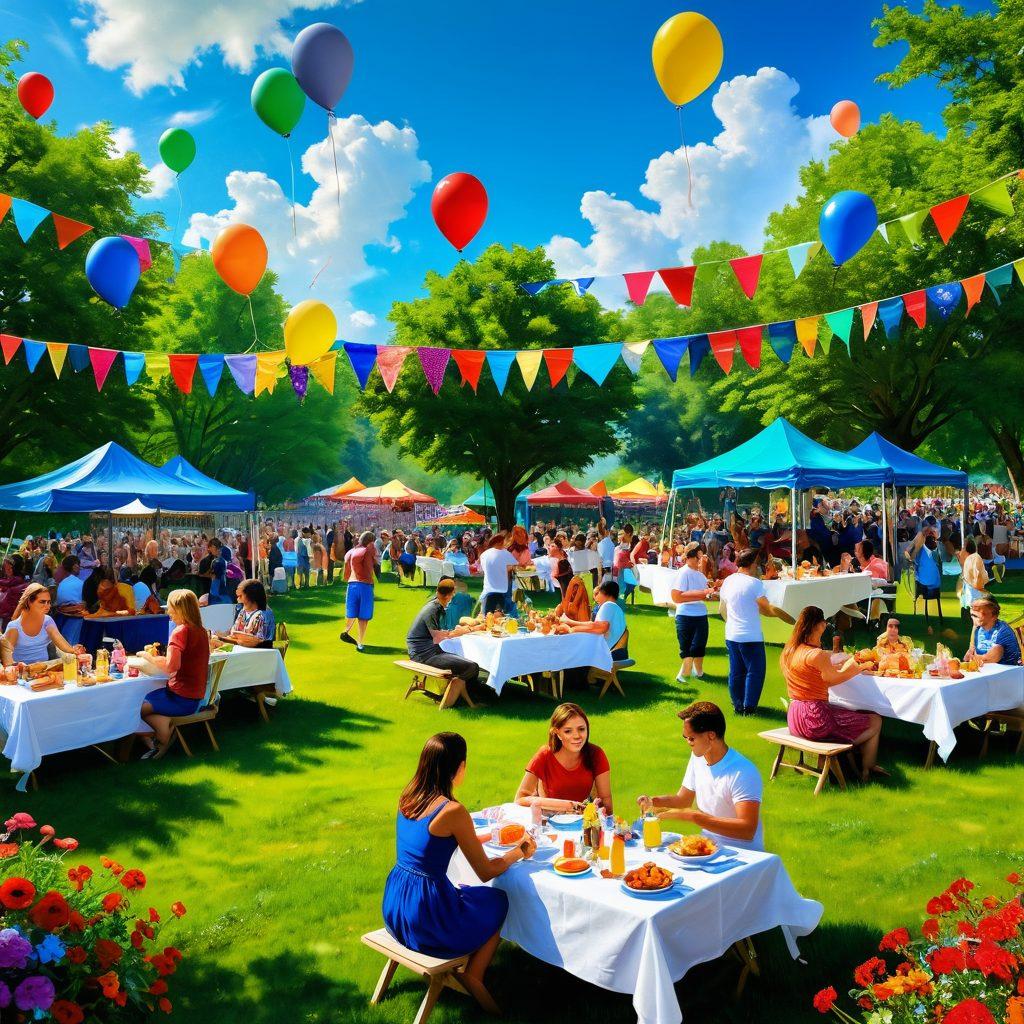 A lively scene depicting people engaged in various outdoor activities like picnicking, dancing, and playing games, surrounded by vibrant colors of flowers and green trees. In the background, a festival with colorful flags and balloons creates an atmosphere of celebration. The sky is bright blue with fluffy white clouds, conveying a sense of joy and freedom. super-realistic. vibrant colors.